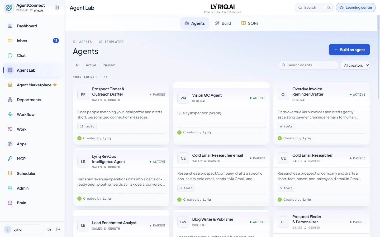 AgentConnect Agent Lab: outbound agents such as an overdue invoice reminder drafter and prospect finders, each built for one job.
