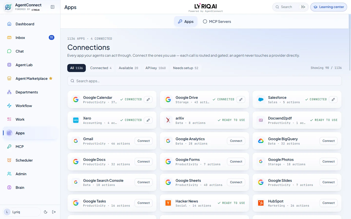 AgentConnect connections: the apps agents act through, each call routed and gated.