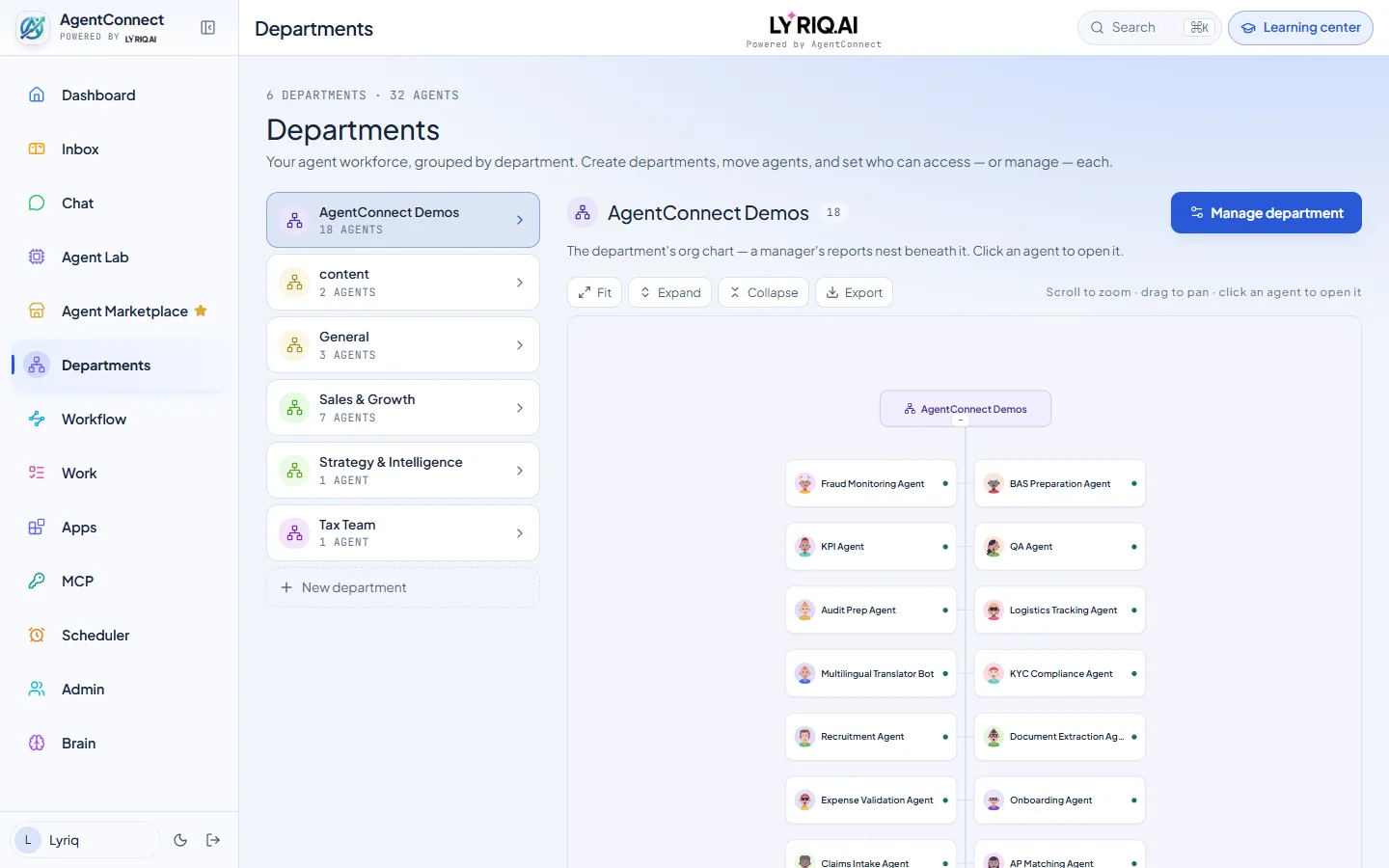 AgentConnect Departments: the agent workforce grouped by department, each with its own agents and access.