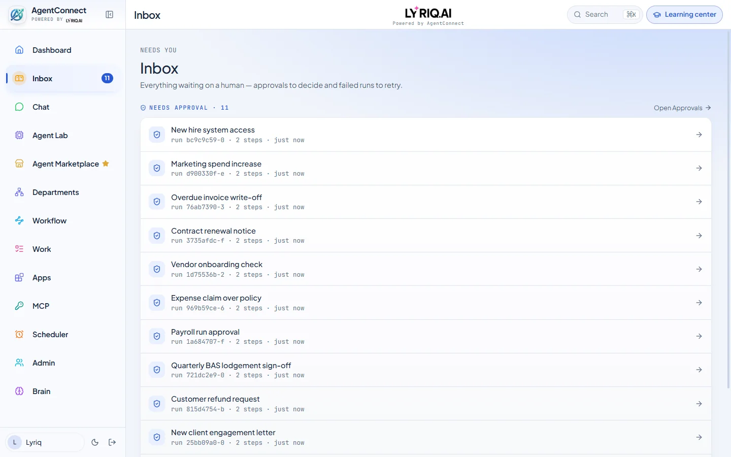 The AgentConnect inbox: everything waiting on a human, approvals and failed runs, in one list.